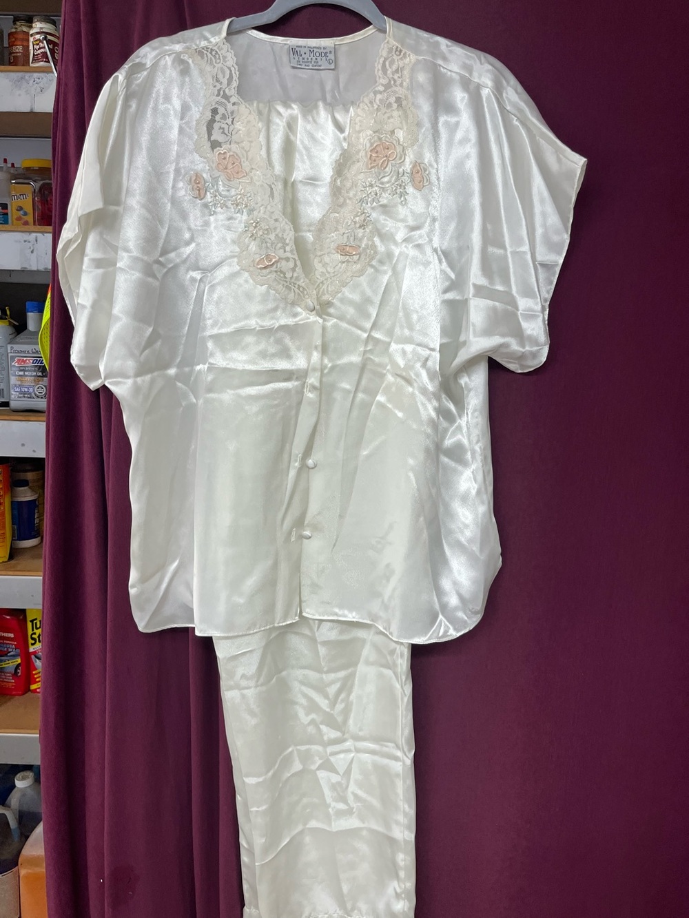 Silky Cream Lace-Trim Pajama Set by Val Mode
